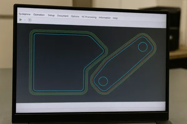 CNC programming interface showing a part design with contours and holes for machining.