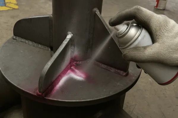 Applying dye penetrant for crack detection on a metal casting.