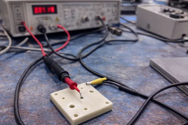 Electrical test setup with a probe on a fixture block and measurement cables, used for quality inspection and functional testing of components.