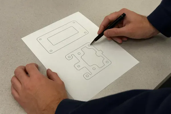 Engineer sketching custom metal part designs on paper.