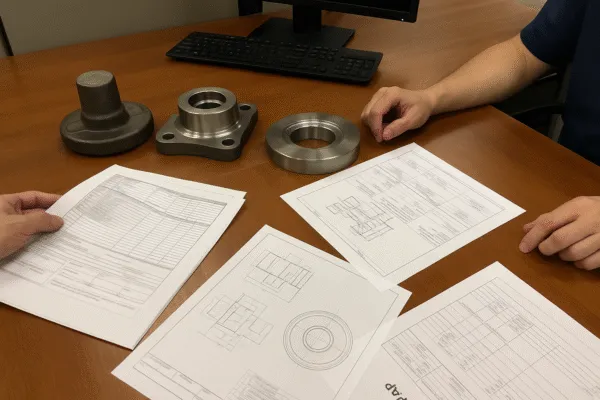 Engineers reviewing technical drawings and metal parts during a design review.