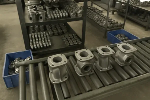 Custom metal parts on a production line, showcasing precision manufacturing and assembly in a factory setting.