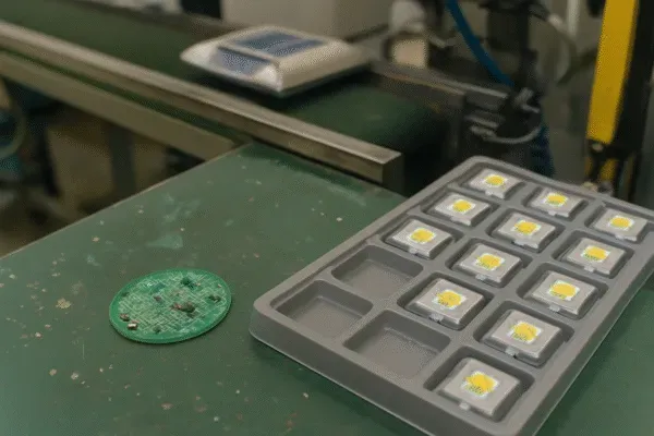 LED components on a production line, showcasing assembly and quality control in a factory environment.