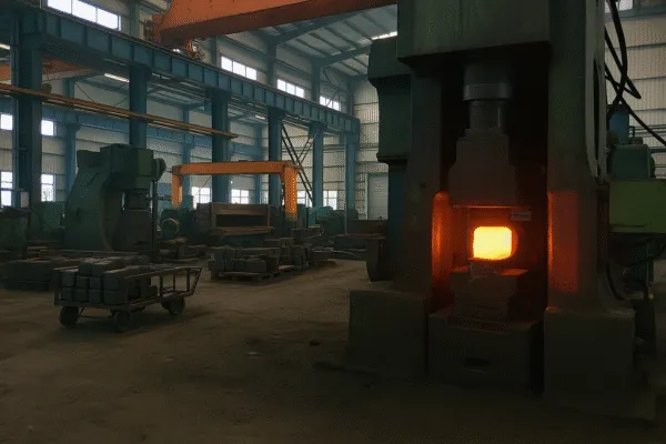 Forging press with heated metal block inside the machine, surrounded by production equipment and material handling carts.