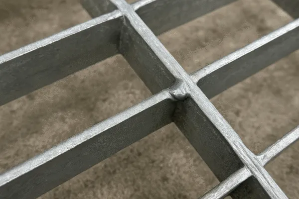 Close-up of galvanized steel grating showing a junction point.