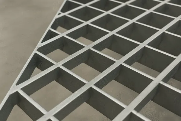 Close-up of a galvanized steel grating with square openings.