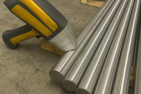 Industrial heat gun used on stainless steel rods for processing or finishing.
