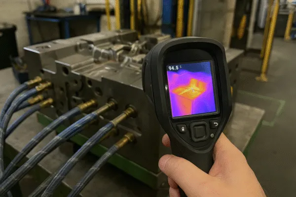 Technician using an infrared camera to monitor the temperature of an industrial mold.