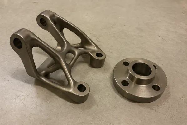 Close-up of two machined metal parts, one with a complex design and the other with a simple round flange.