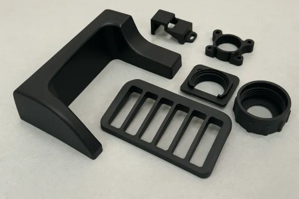 Assorted black machined plastic and metal parts displayed for inspection.