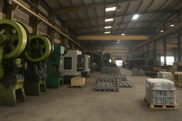 Manufacturing facility with large green stamping presses and CNC machines, alongside pallets of finished metal parts.