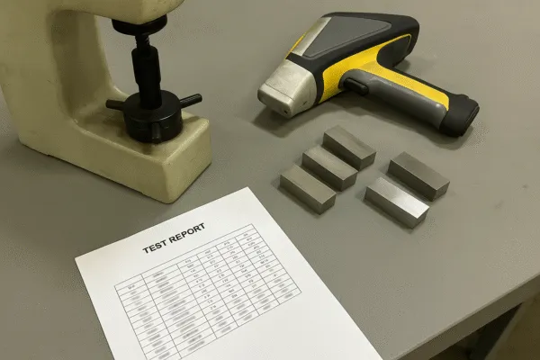 Material testing equipment and samples with test report.