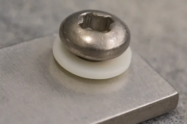 Close-up of a metal fastener with a plastic washer on a metallic surface.