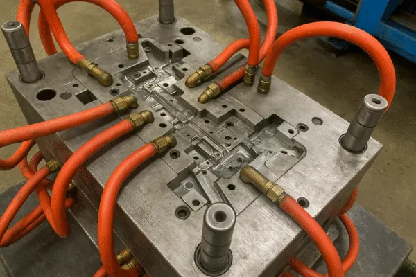 Close-up of a metal injection mold with cooling hoses and brass fittings in a factory.