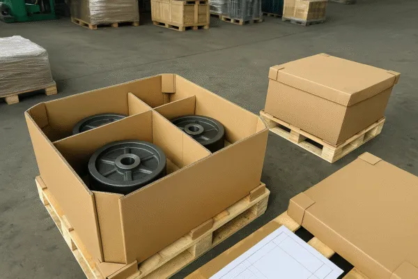 Metal parts packed in partitioned cardboard boxes on pallets, ready for shipping.