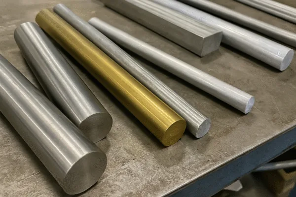 Aluminum and brass round bar stock on a workbench, showing raw material for CNC machining and OEM custom metal parts.