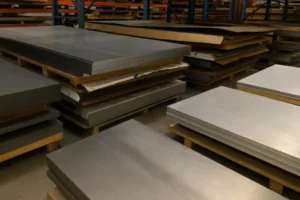 Stacked metal sheets stored on pallets in a warehouse, ready for fabrication.