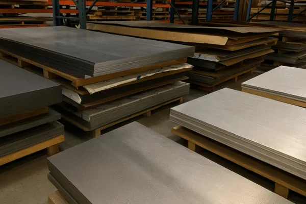 Stacked metal sheets stored on pallets in a warehouse, ready for fabrication.
