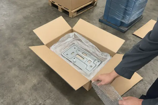 Open carton with a custom sheet metal part wrapped in protective paper, showing OEM packaging and shipping preparation.