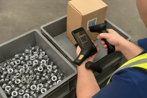 Worker scanning QR code on a carton beside bins of metal components, showing traceability and inventory control for OEM manufacturing.
