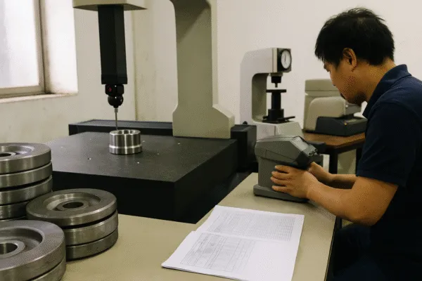 Quality control inspector checking metal parts with precision instruments in a factory setting.