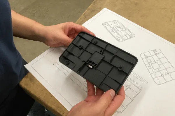 Quality control technician holding a plastic part and referring to technical drawings for inspection.