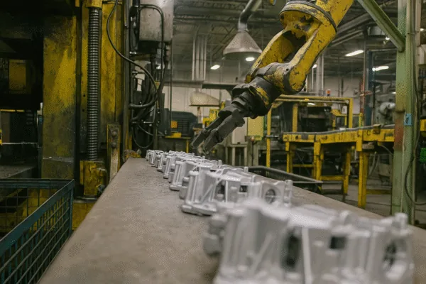 Robotic arm handling aluminum metal parts on a conveyor line in an industrial factory, showing automated OEM production and quality control.