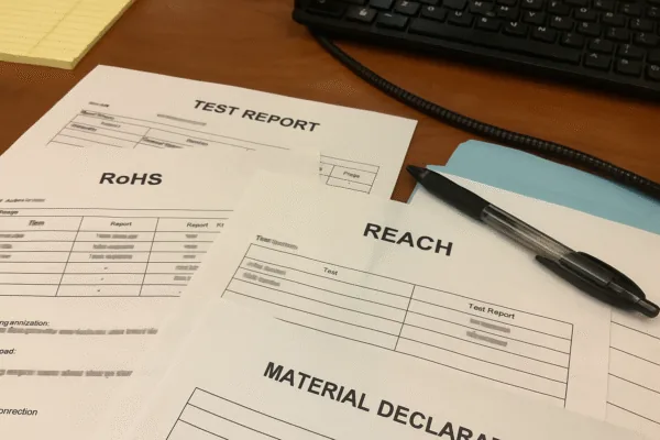 RoHS and REACH compliance documents with test report and material declaration on a desk, showing supplier certification and regulatory compliance.