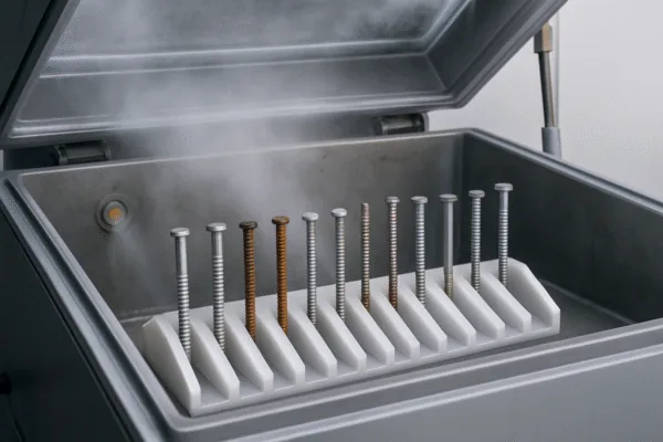 Salt spray test chamber with coated screws and fasteners arranged in holders, showing corrosion resistance testing for OEM quality control.