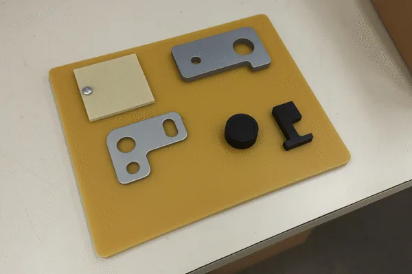 Sample parts on an inspection fixture board, including metal brackets and plastic components for OEM custom manufacturing.