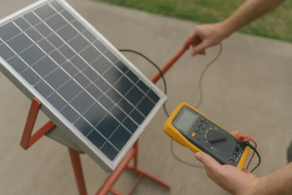 Technician using a multimeter to test the performance of a solar panel outdoors.