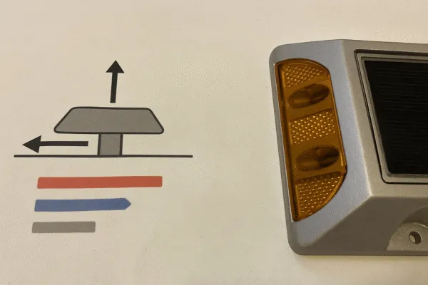 Illustration showing a solar-powered road marker with a diagram indicating pressure resistance and temperature variation.