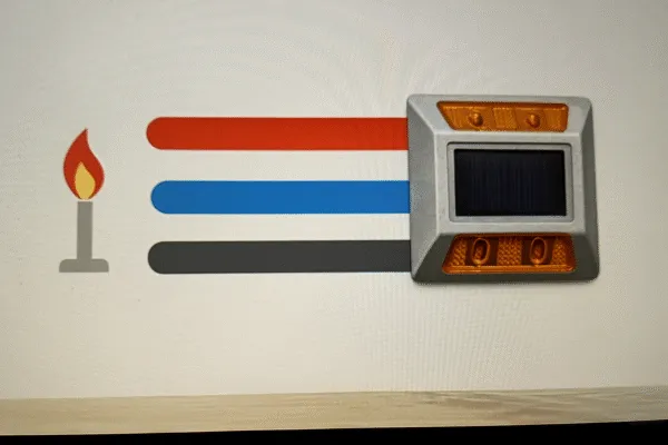 Illustration showing a solar-powered road marker next to colored lines symbolizing temperature variation.