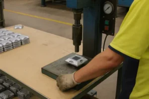 Technician using a press machine to assemble a solar-powered road marker in a factory.