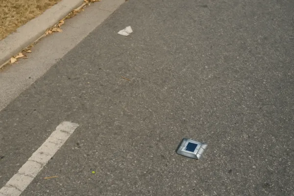 Solar-powered road marker embedded in the asphalt of a road, providing visibility for drivers.