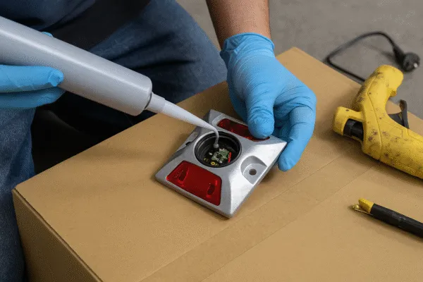 Worker applying sealant to a solar-powered road marker, preparing it for sealing and assembly.