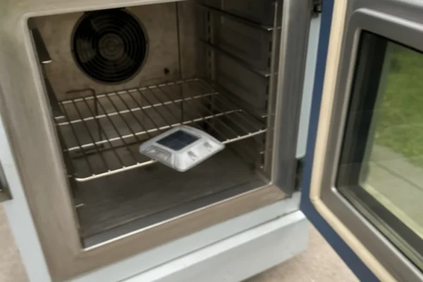 Solar-powered road marker being tested inside a drying oven for quality control.