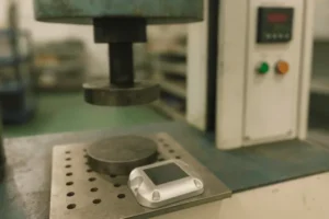 Solar-powered road marker being tested under a press machine for durability.