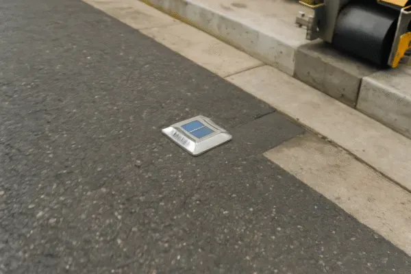 Solar-powered road marker embedded in the road, used for street lighting or signaling.