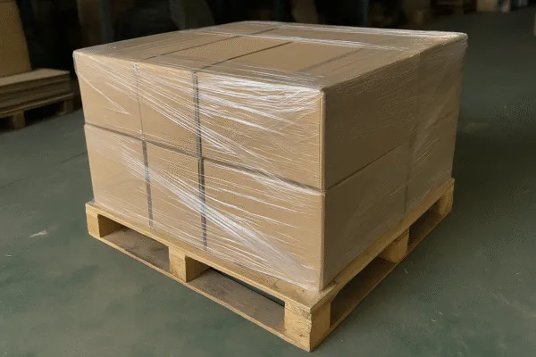Stack of packaged solar-powered road markers wrapped in shrink film on a wooden pallet.