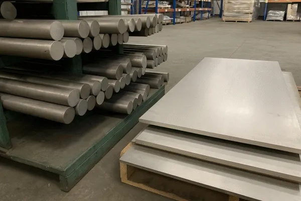 Stacks of stainless steel rods and sheets in a warehouse, ready for manufacturing.