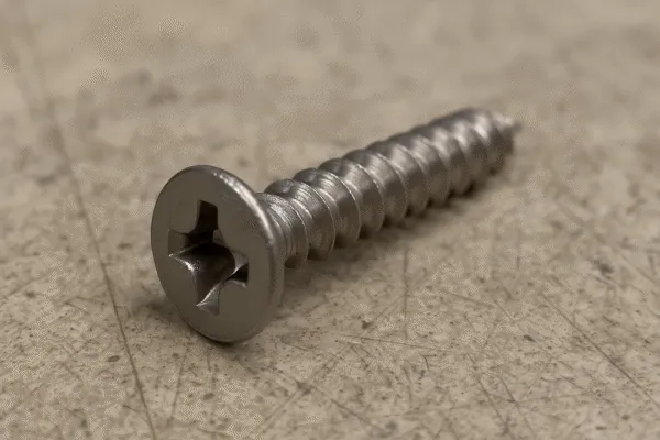 Close-up of a stainless steel screw with a cross-slot head.