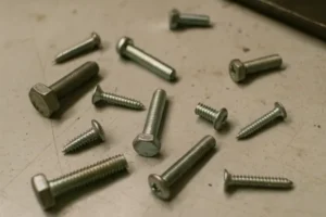 Assorted stainless steel screws and bolts on a workbench, showing custom metal fasteners for OEM assembly and industrial hardware supply.