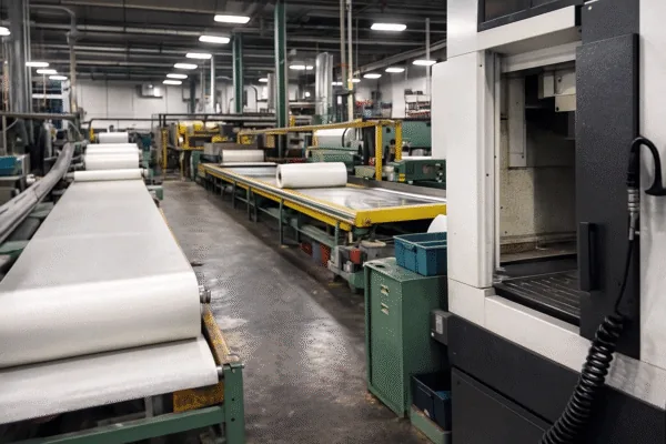 Metal stamping coil feed line with steel coils and automated press equipment in a manufacturing workshop.
