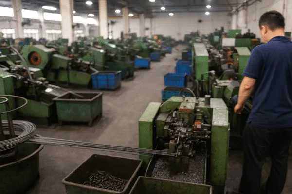 A worker operating a green stamping machine on a busy production floor, with bins filled with metal parts.