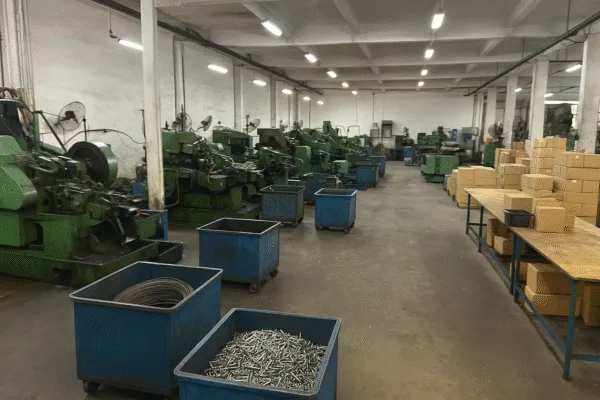 Manufacturing floor with multiple green stamping machines and bins filled with metal parts, with boxes ready for packaging.