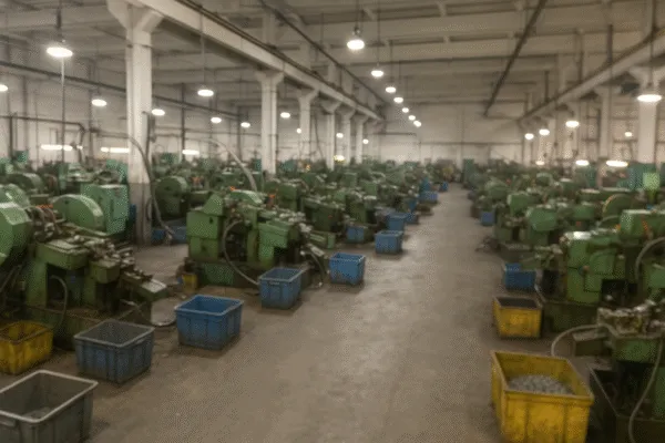 Production floor of a manufacturing facility with multiple green stamping machines and bins containing parts.