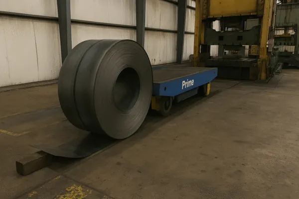 Steel coil staged in a metal stamping workshop near press equipment, showing coil handling and high-volume OEM sheet metal production.