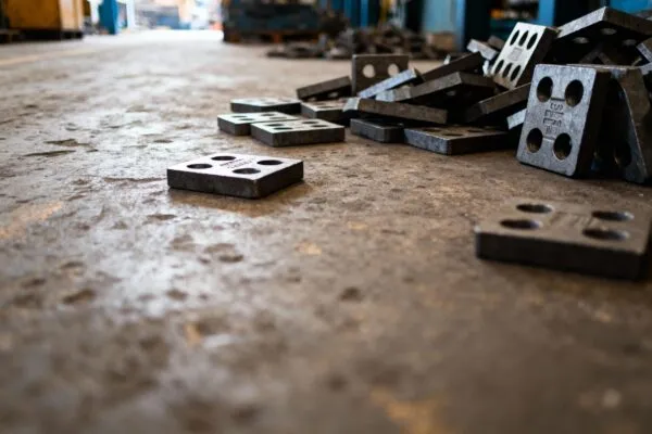 Steel plate components scattered on a factory workshop floor, showing raw metal parts ready for machining or fabrication in OEM production.