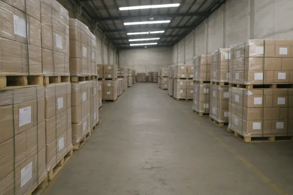 Warehouse with neatly arranged and wrapped pallets of cardboard boxes, ready for distribution.